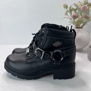 Harley Davidson Tegan Leather Harness Lace Up Ankle Boots Black Women 6.5M NWOB